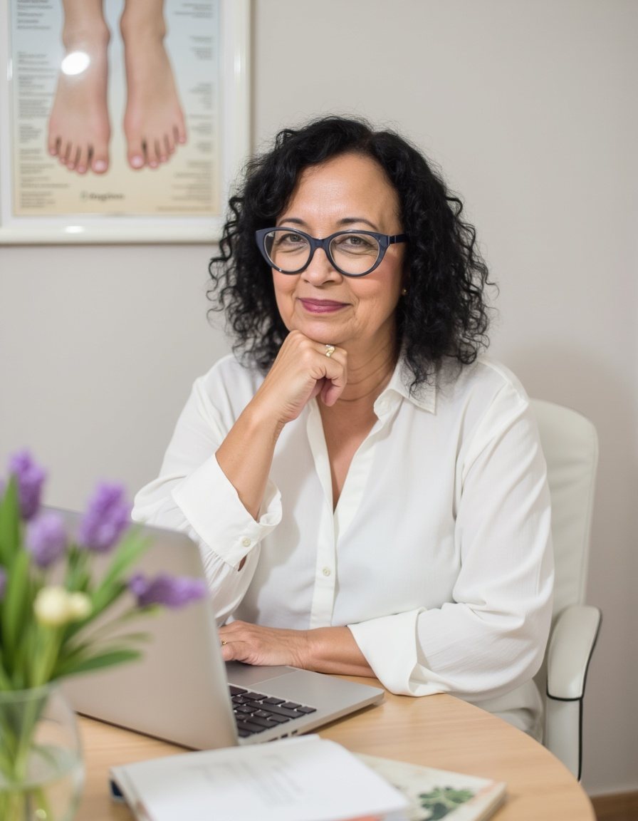 Rose Cantiero em seu consultório, com o mapa de reflexologia podal ao fundo