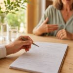 Ficha de anamnese em reflexologia podal sobre a escrivaninha durante a conversa com a cliente