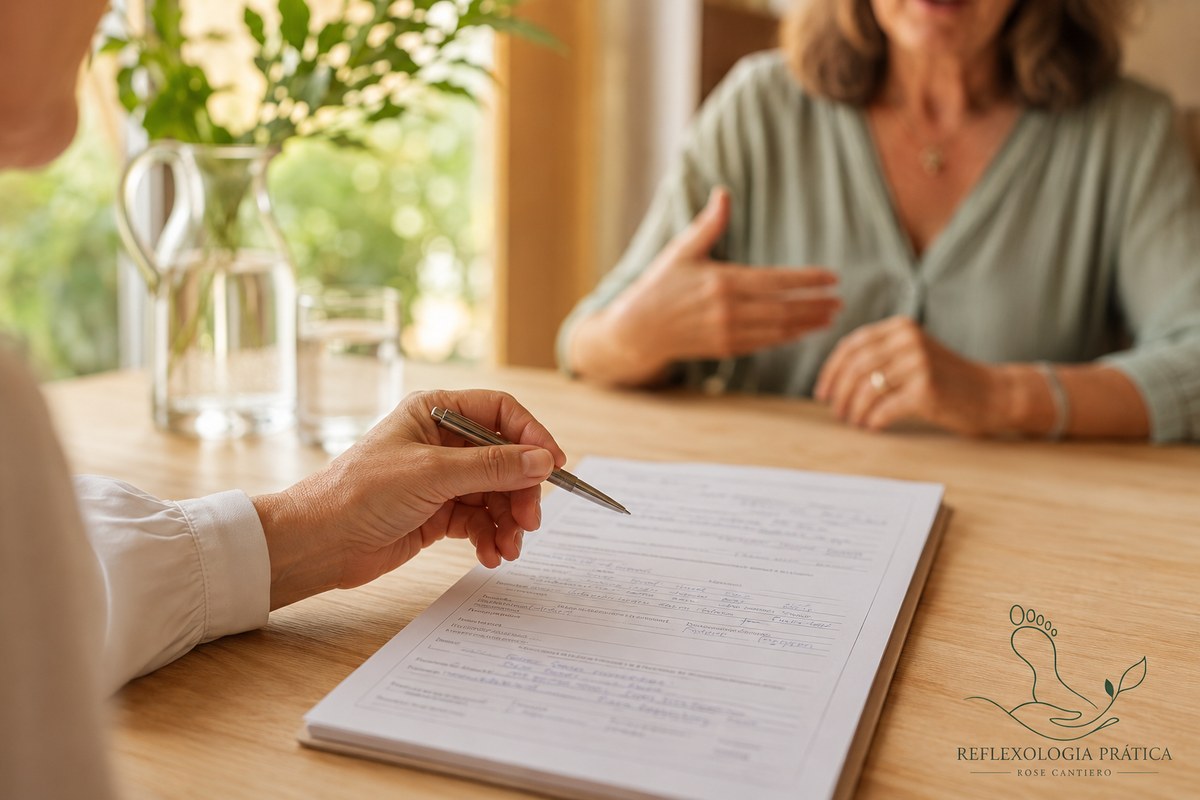 Ficha de anamnese em reflexologia podal sobre a escrivaninha durante a conversa com a cliente