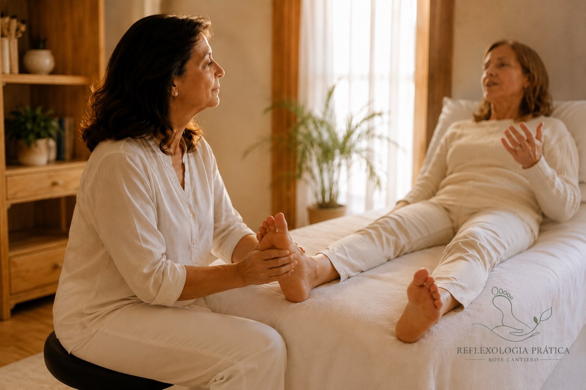 Reflexoterapeuta de branco escutando em silêncio enquanto trabalha o pé da cliente durante a sessão de reflexologia