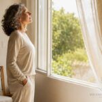 Mulher madura respirando fundo junto à janela — reflexologia emocional