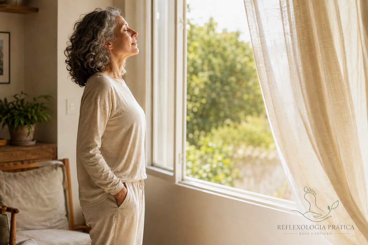 Mulher madura respirando fundo junto à janela — reflexologia emocional