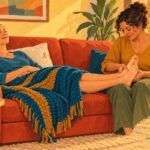 como ajudar uma amiga com câncer de mama — amiga segurando os pés dela no sofá de casa