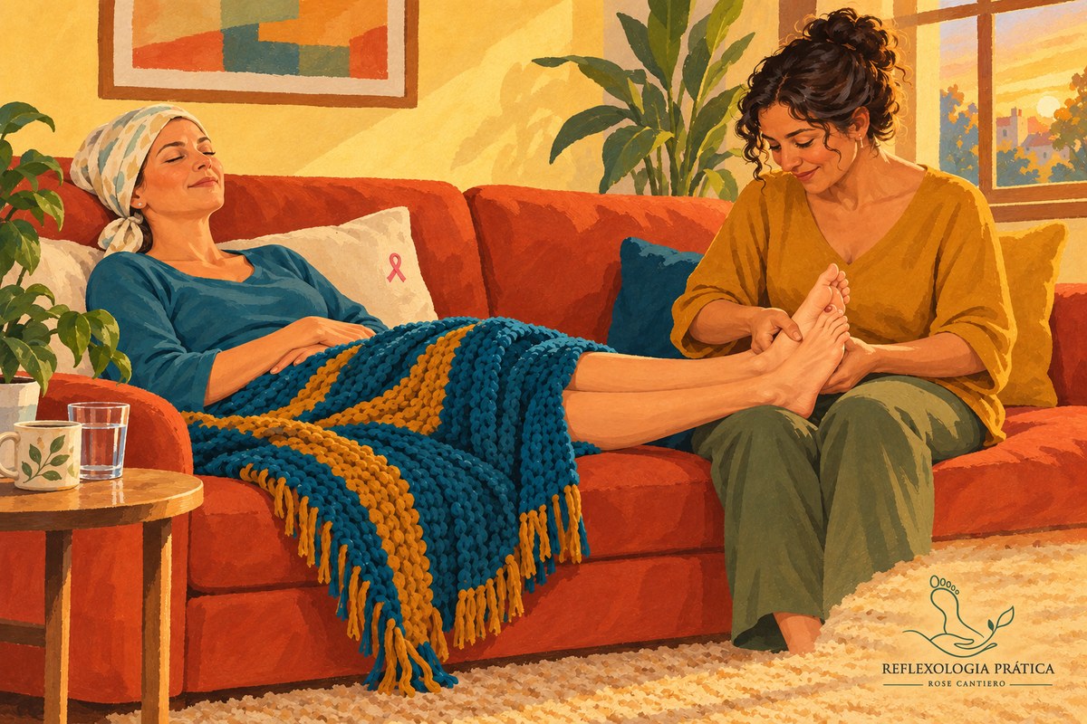 como ajudar uma amiga com câncer de mama — amiga segurando os pés dela no sofá de casa
