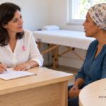 reflexologia e câncer de mama — reflexoterapeuta de blusa branca fazendo a anamnese antes da sessão