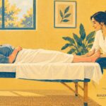 achou um caroço na mama — cliente deitada na maca falando e a reflexoterapeuta com as mãos paradas nos pés dela, ouvindo