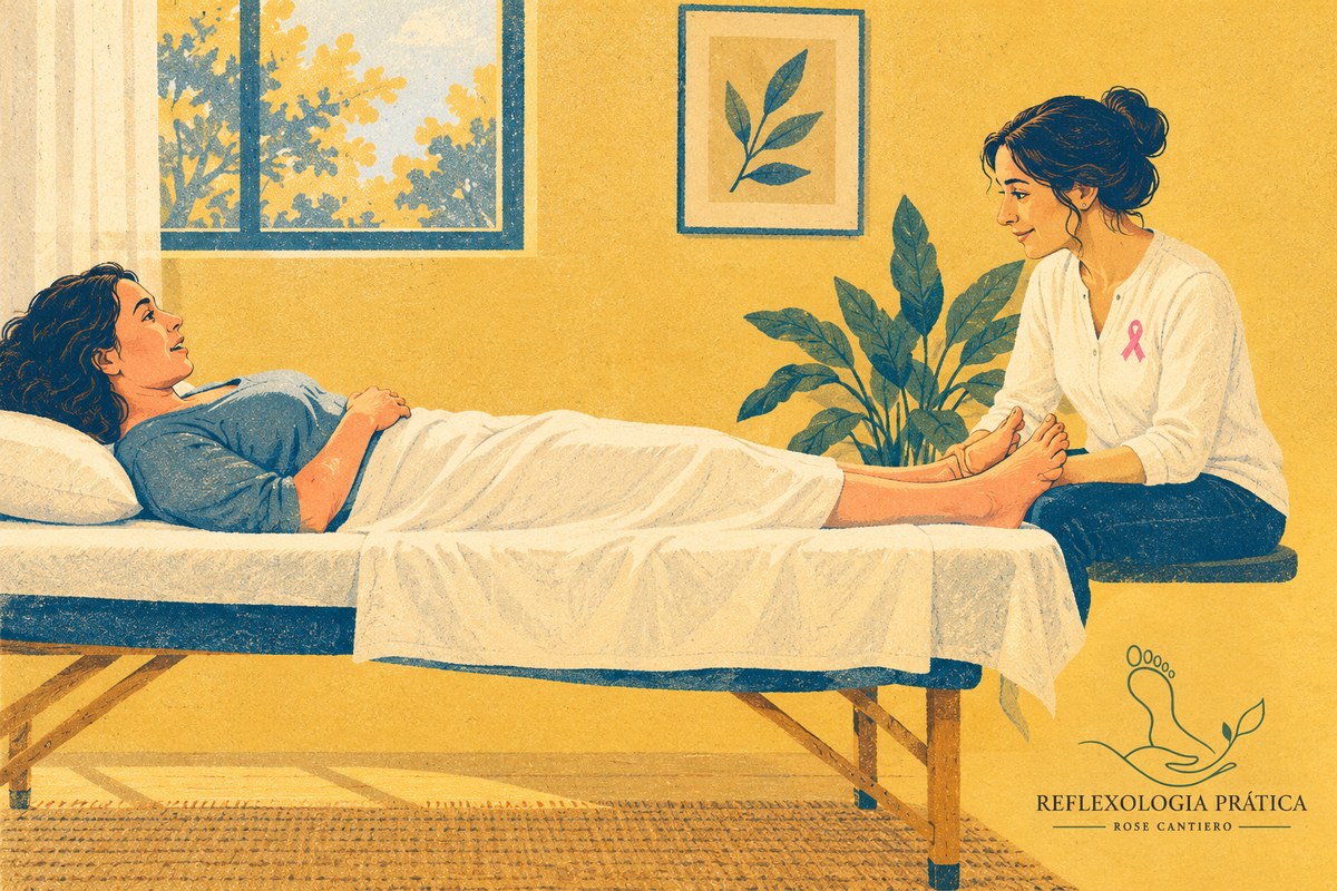achou um caroço na mama — cliente deitada na maca falando e a reflexoterapeuta com as mãos paradas nos pés dela, ouvindo