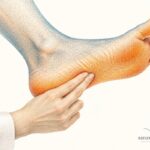 formigamento nos pés quimioterapia — pé desenhado em pontilhismo, com pontos quentes na planta, e a mão da reflexoterapeuta tocando de leve