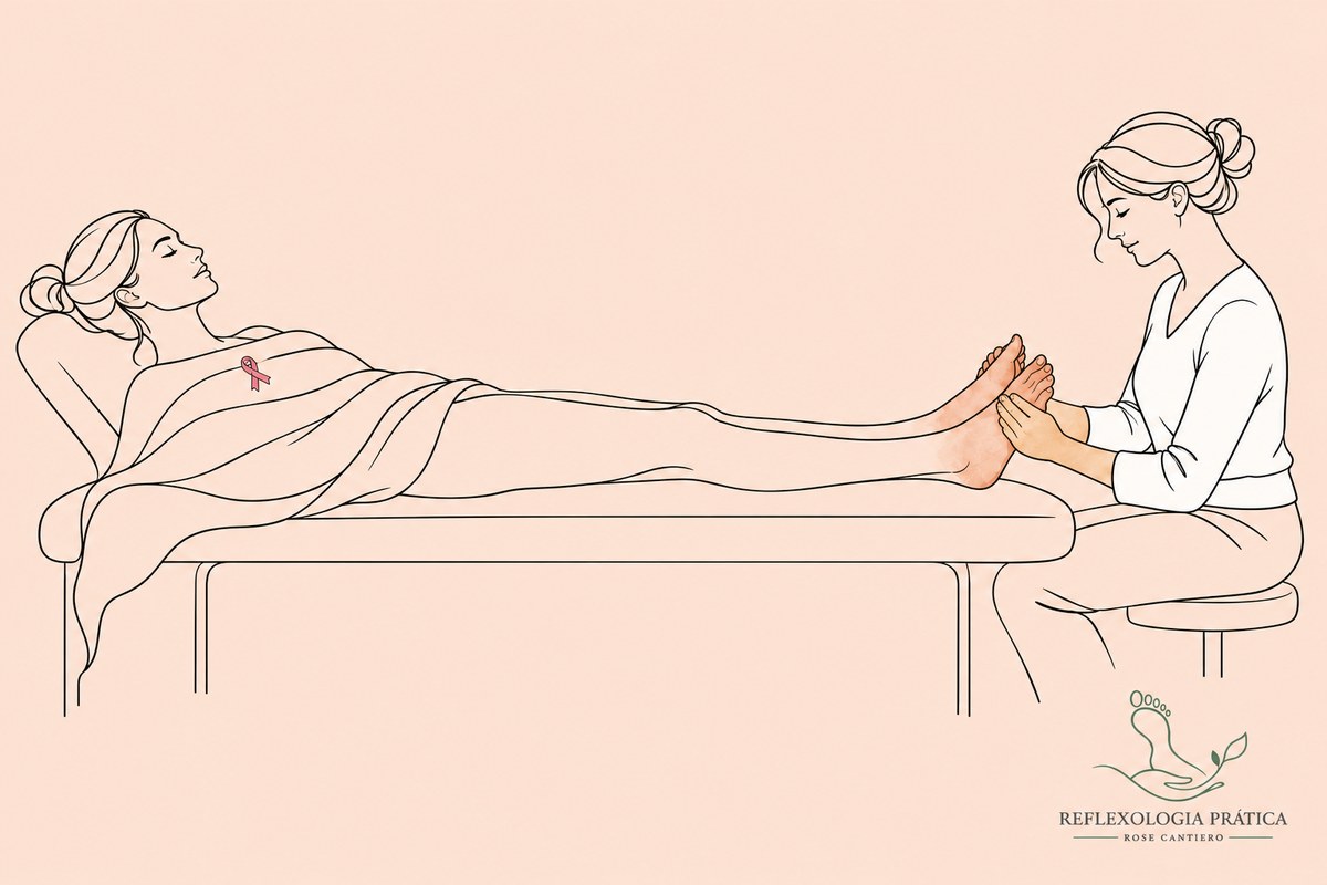 reflexologia depois da cirurgia de mama — desenho em linha contínua de uma mulher na maca e a reflexoterapeuta trabalhando só os pés dela